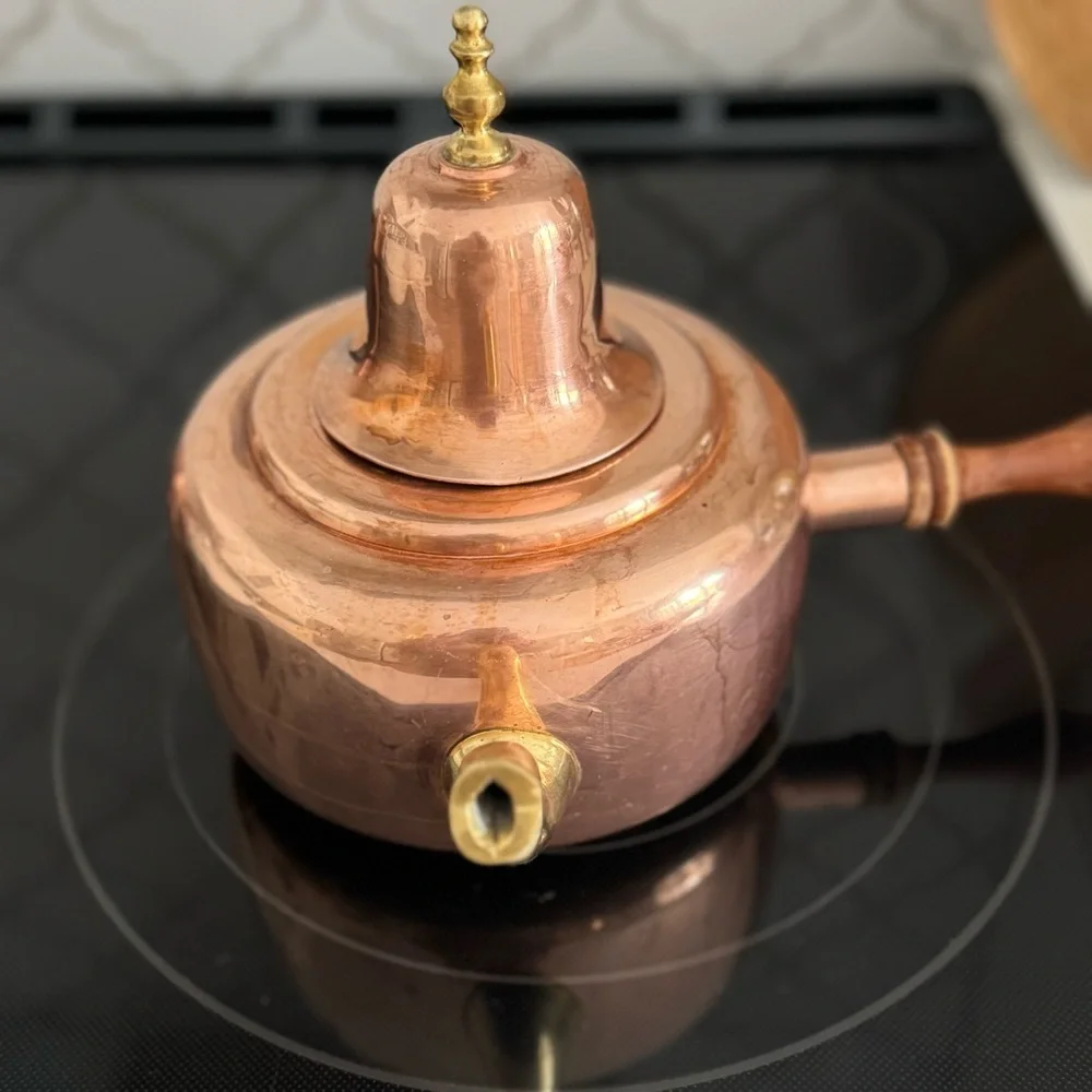 Vintage Copper Coffee  Pot With Side Wooden Handle bell on Top  Mexico